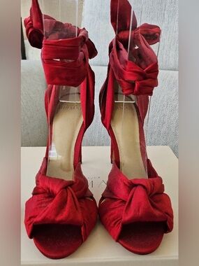 Alexandre Birman Clarita Red Satin Ankle Tie Stiletto Sandals Heels size 37.5